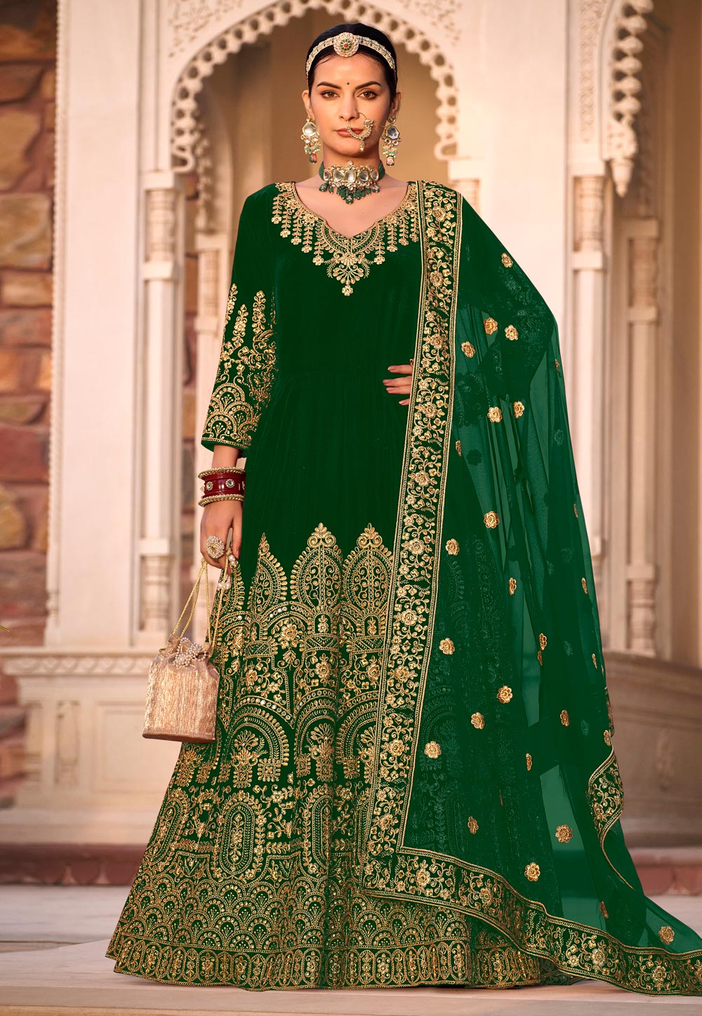 Green Velvet Long Anarkali Suit 280669
