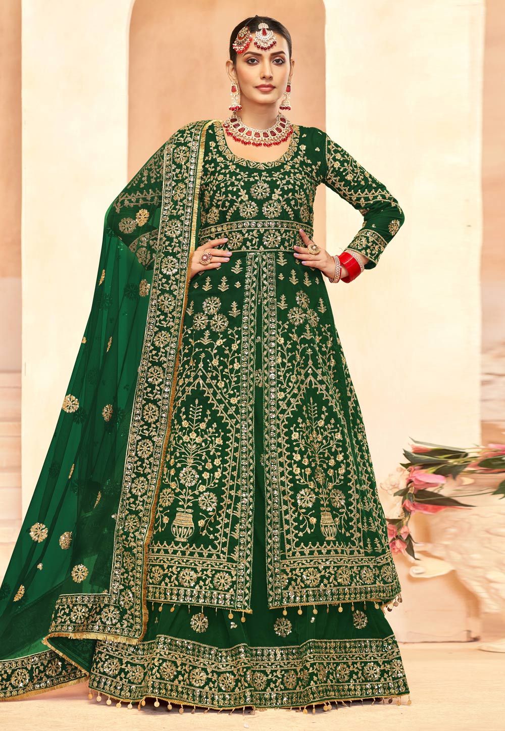 Green Velvet Long Choli Lehenga 308937