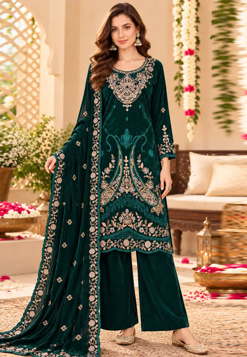 Green Velvet Palazzo Suit 336257