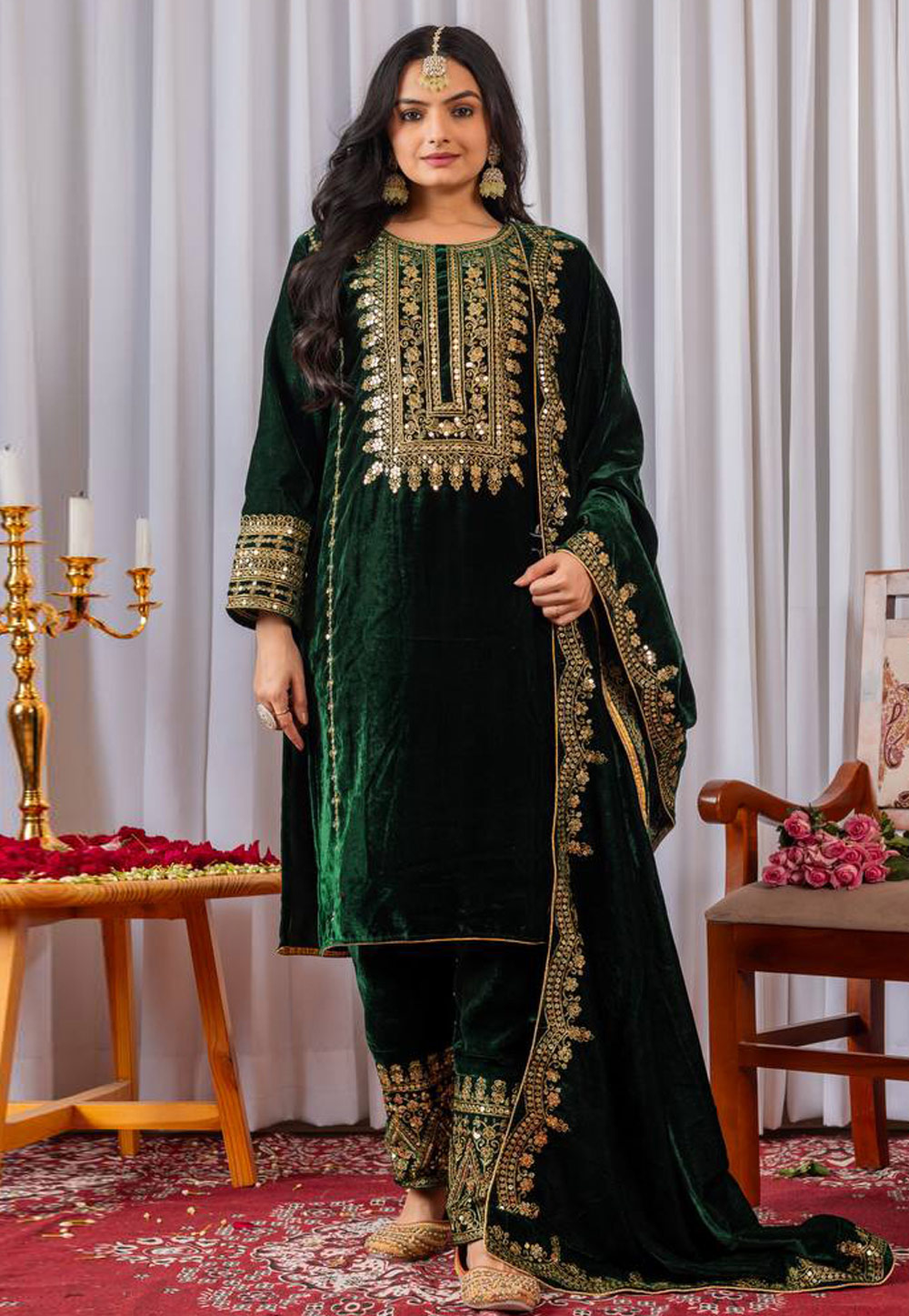 Green Velvet Readymade Pakistani Suit 319786