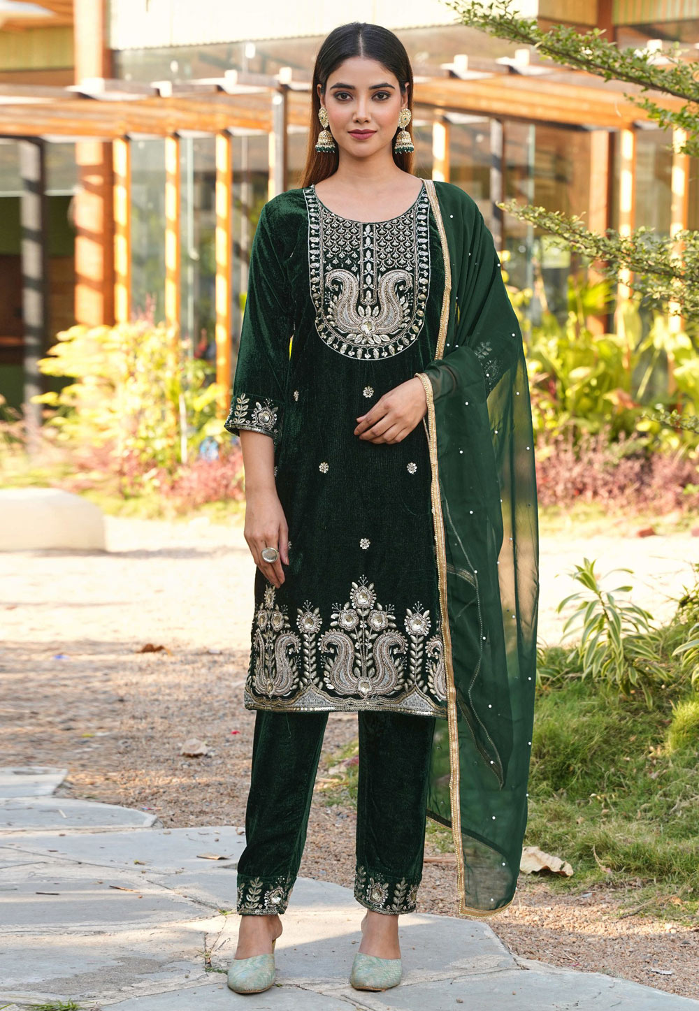 Green Velvet Readymade Pant Style Suit 325472