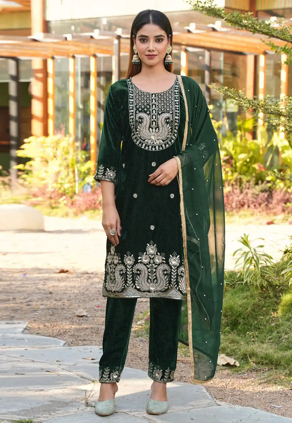 Green Velvet Readymade Pant Style Suit 325472