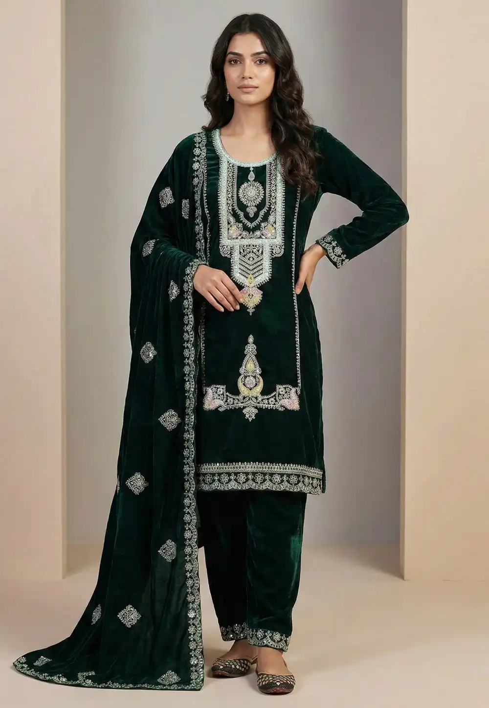 Green Velvet Readymade Pant Style Suit 323304
