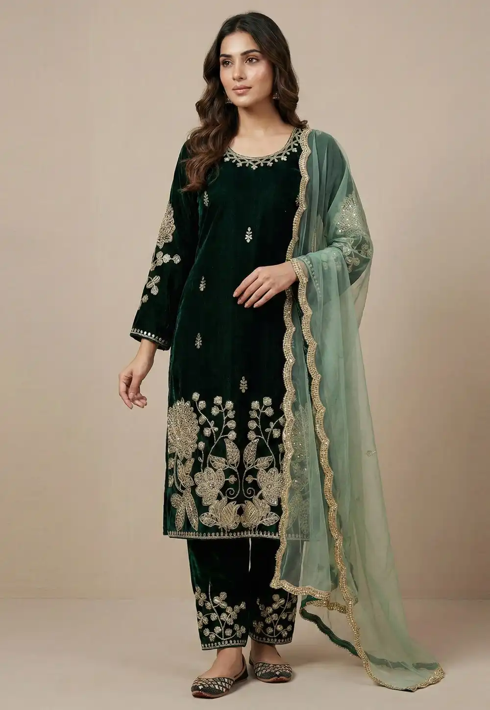 Green Velvet Readymade Pant Style Suit 323306