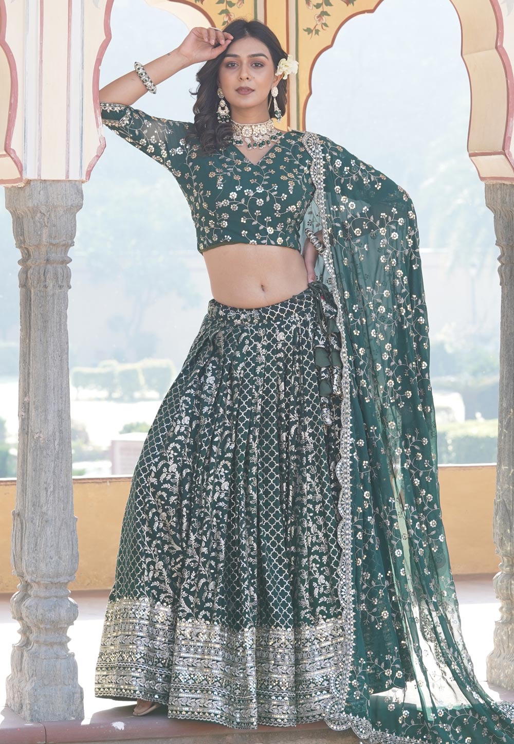 Green Viscose Jacquard Lehenga Choli 285332