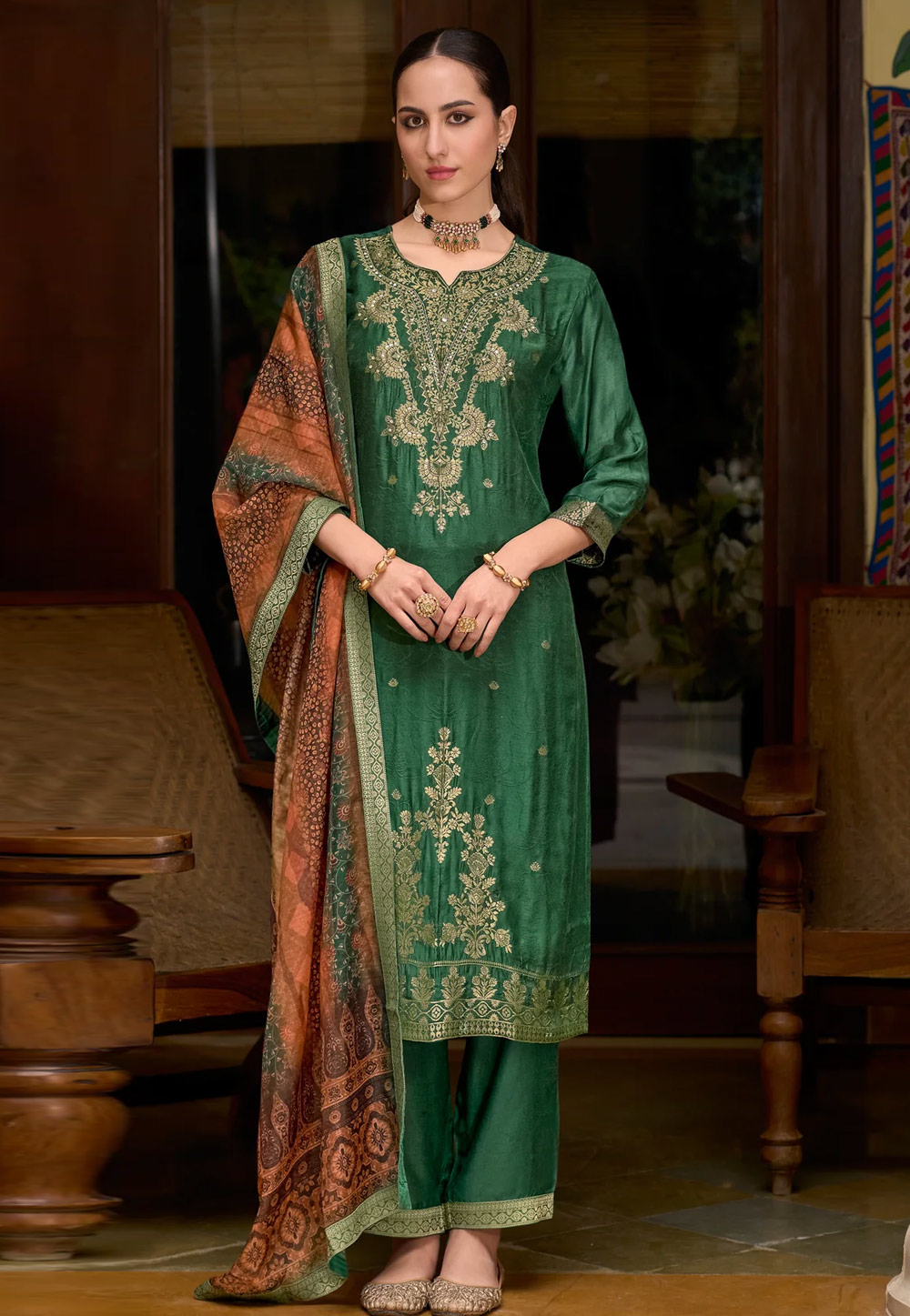 Green Viscose Jacquard Readymade Pakistani Suit 307105