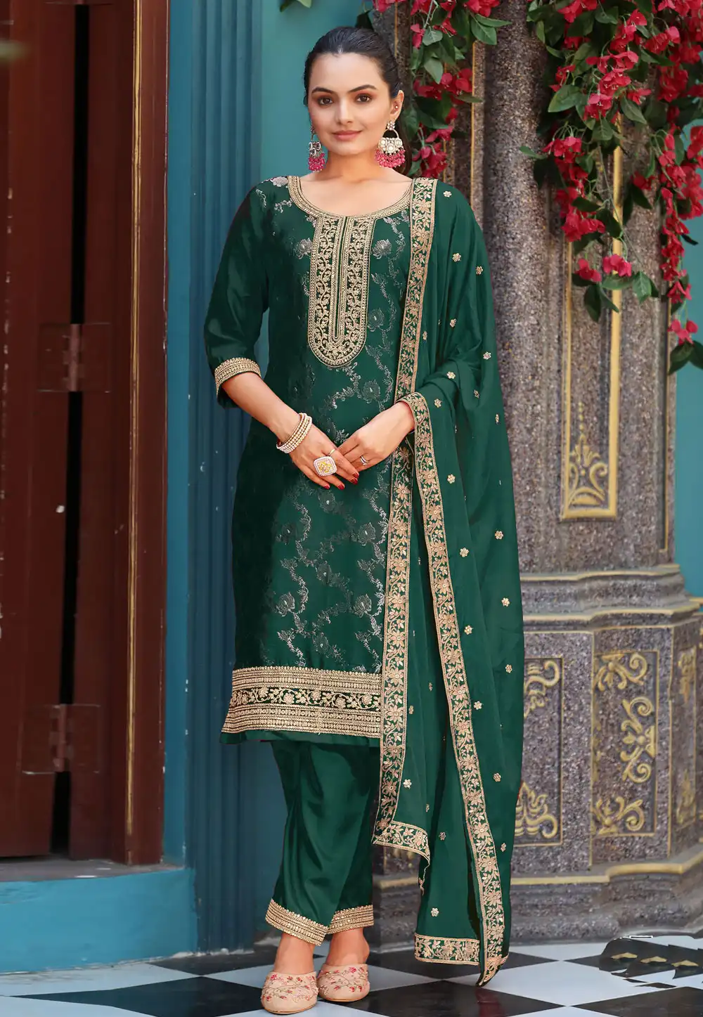 Green Viscose Jacquard Readymade Pant Style Suit 319805