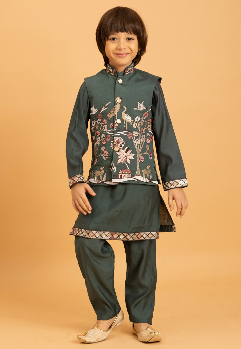 Green Viscose Kids Kurta Pajama With Jacket 316866