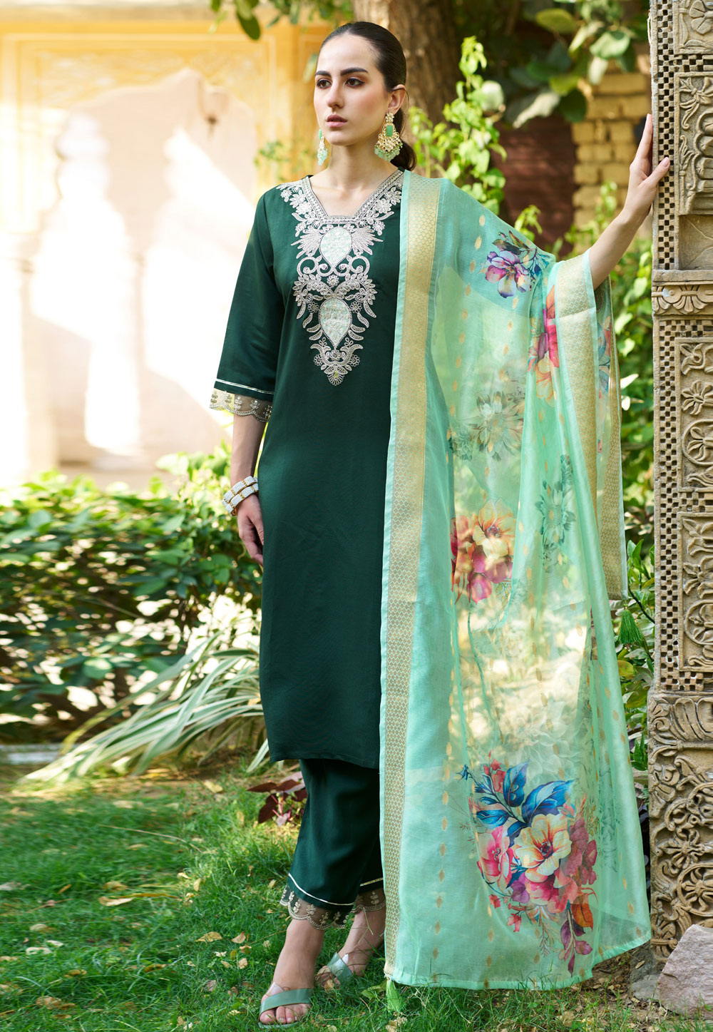 Green Viscose Rayon Readymade Pakistani Suit 308494