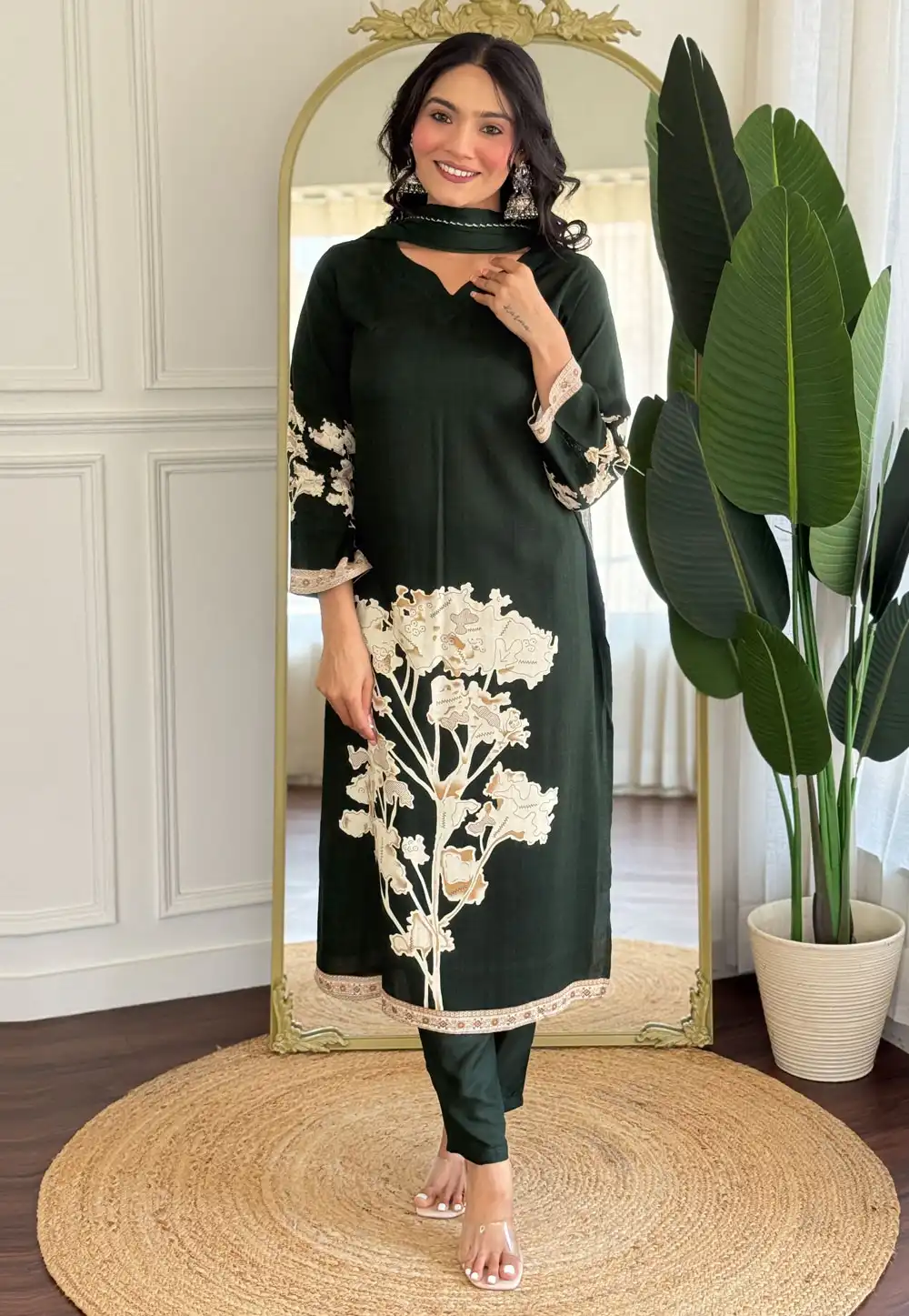 Green Viscose Rayon Readymade Pant Style Suit 312710
