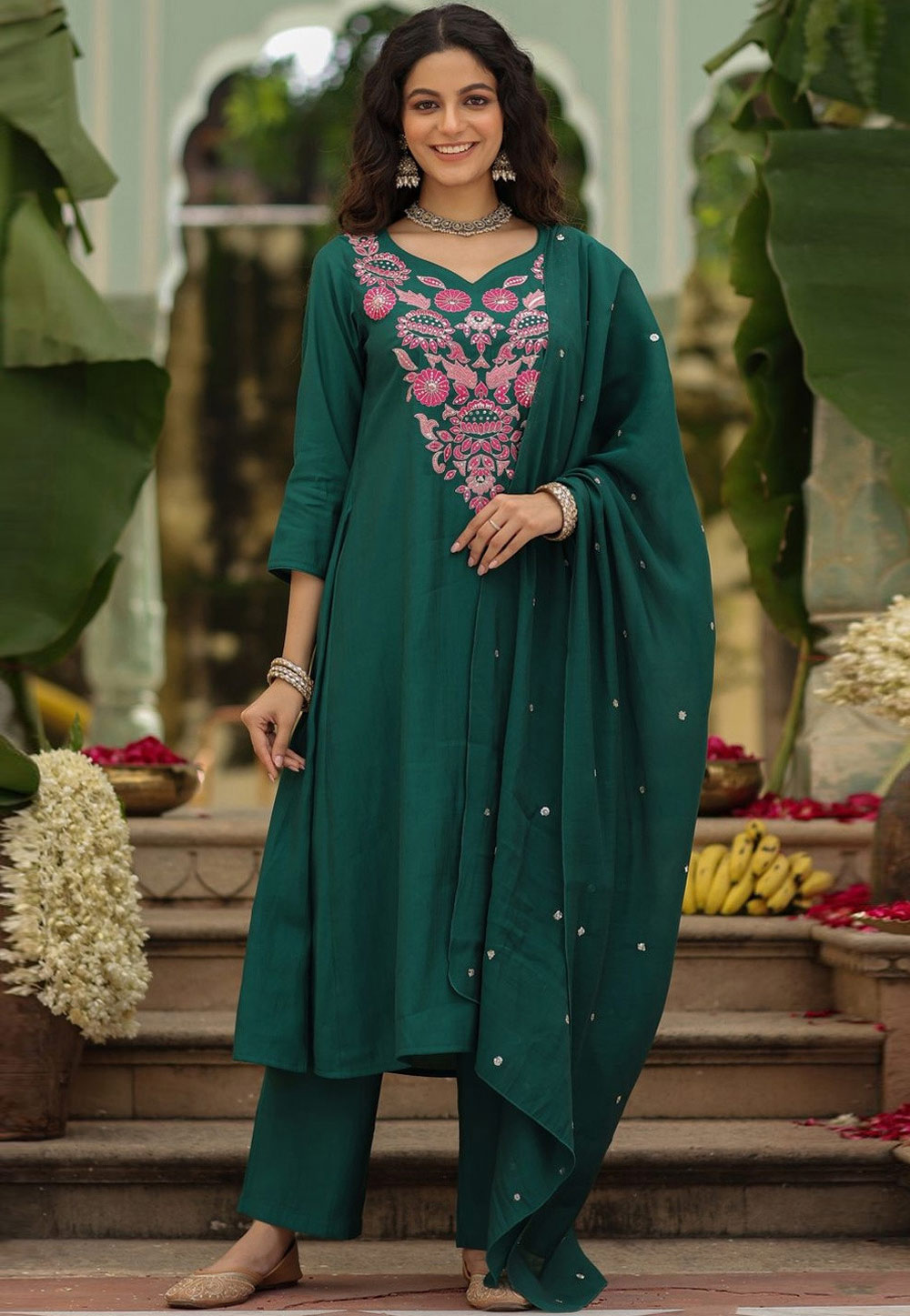 Green Viscose Rayon Readymade Pant Style Suit 326186