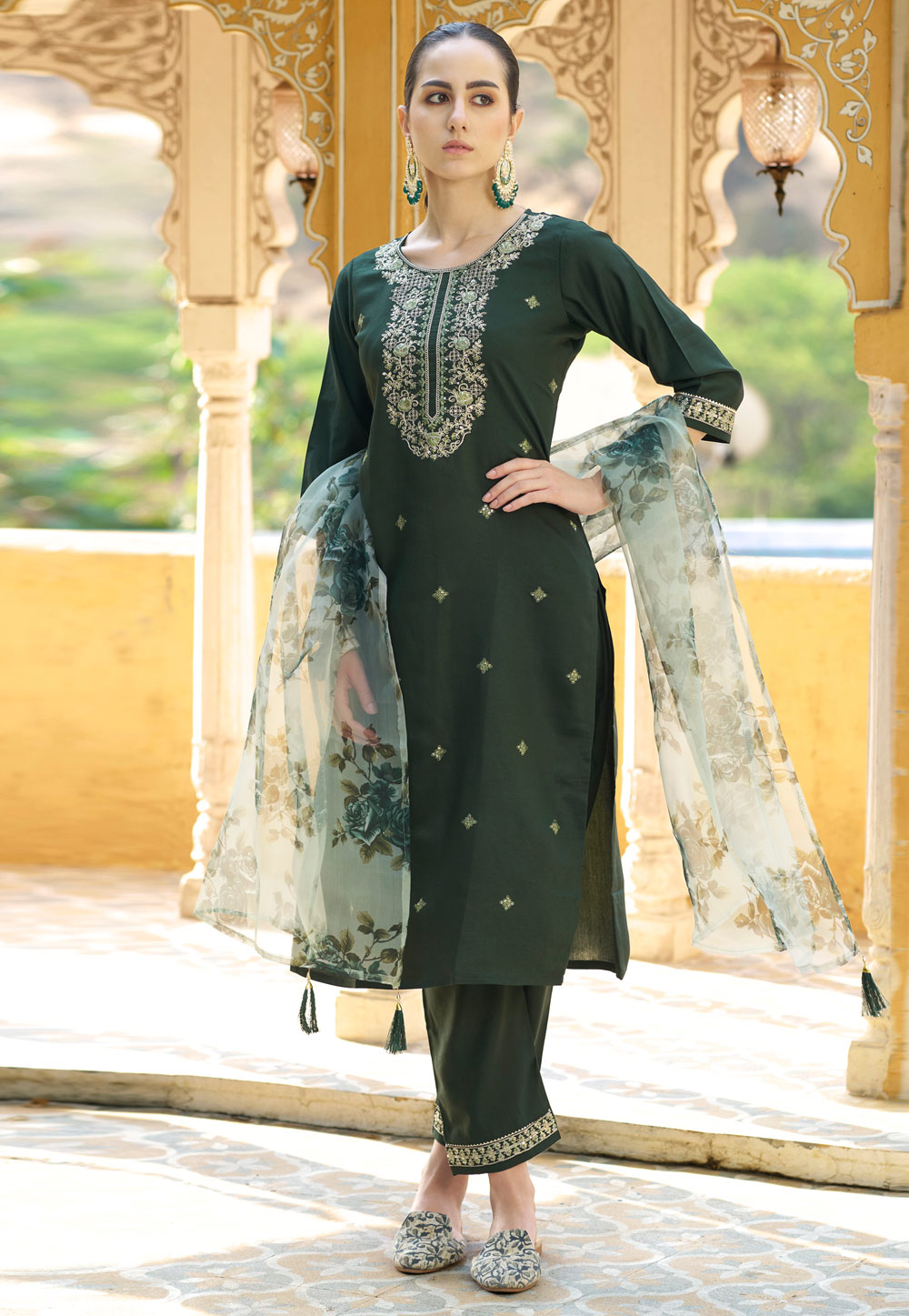 Green Viscose Rayon Readymade Pant Style Suit 325529