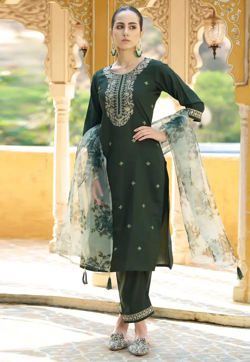 Green Viscose Rayon Readymade Pant Style Suit 325529