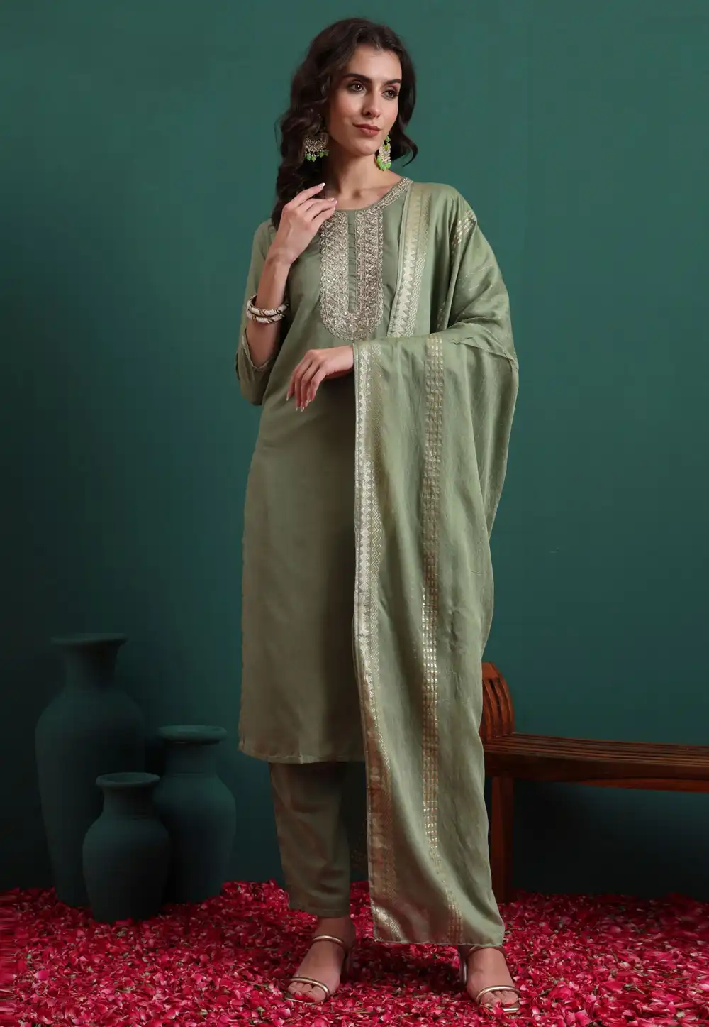 Green Viscose Readymade Pakistani Suit 324506