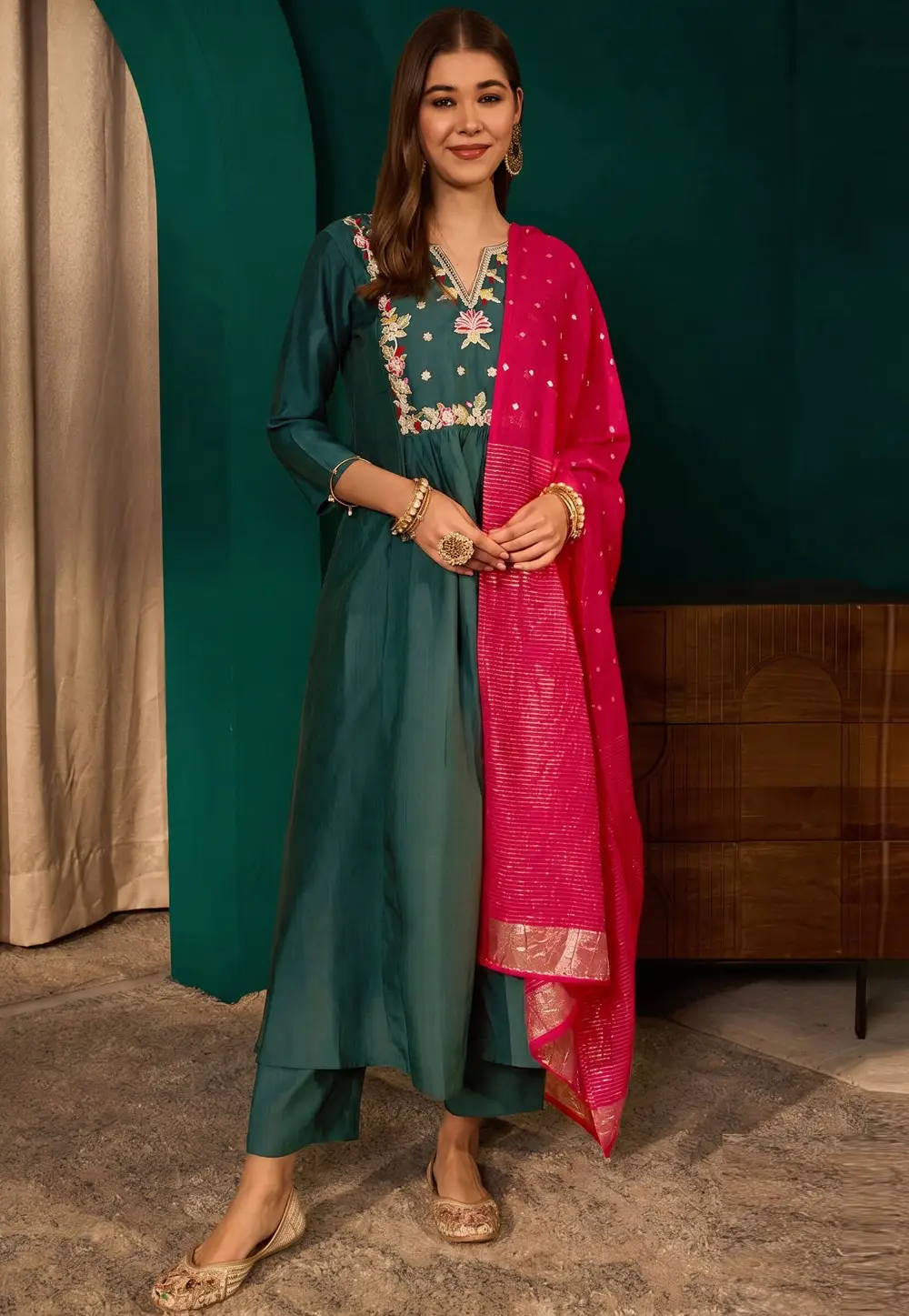 Green Viscose Readymade Pant Style Suit 334692