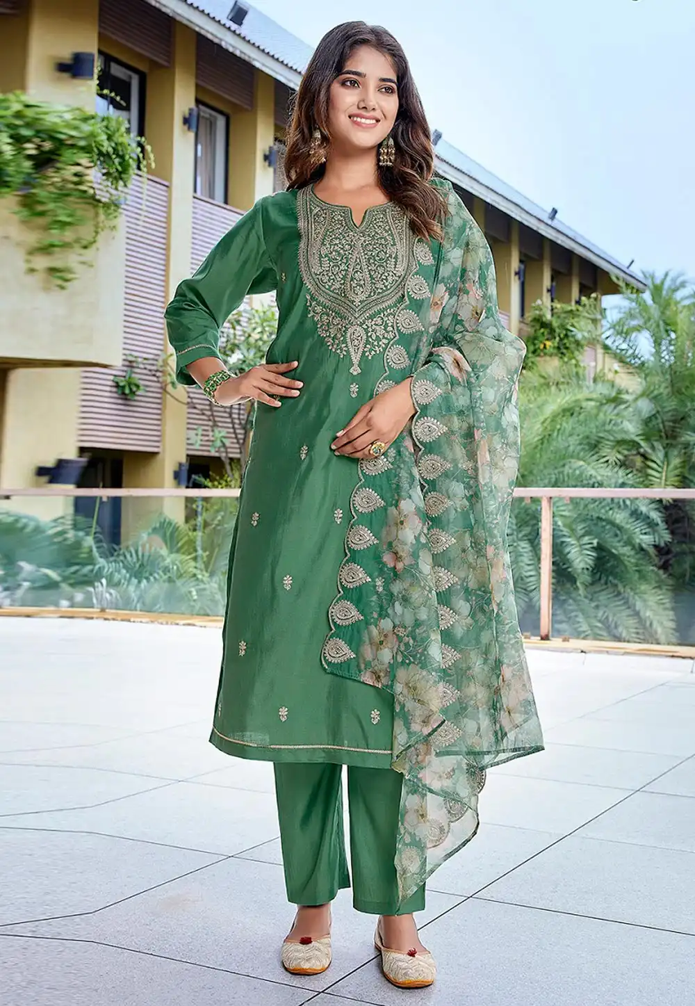 Green Viscose Readymade Pant Style Suit 324837