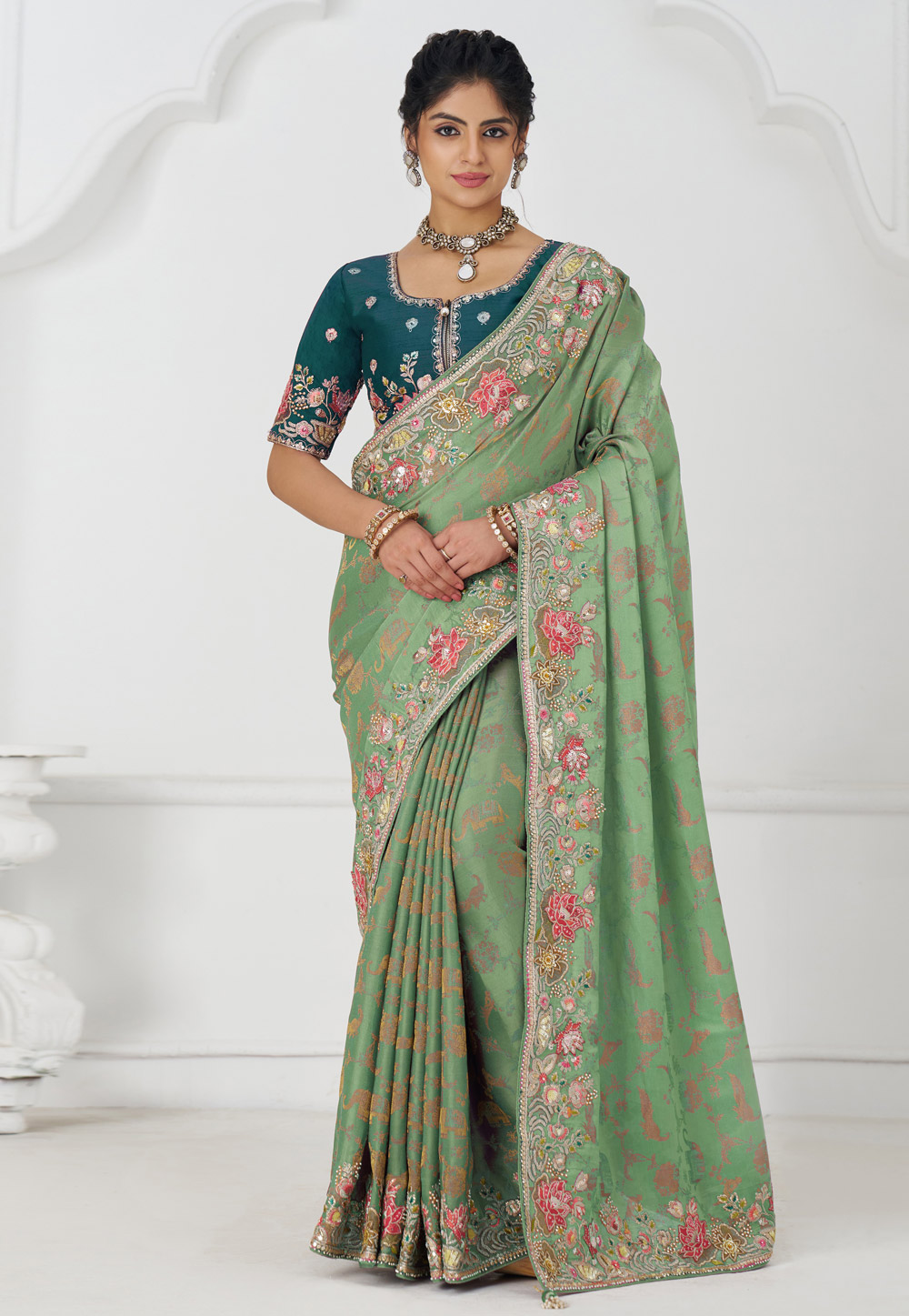 Green Viscose Saree With Blouse 308984