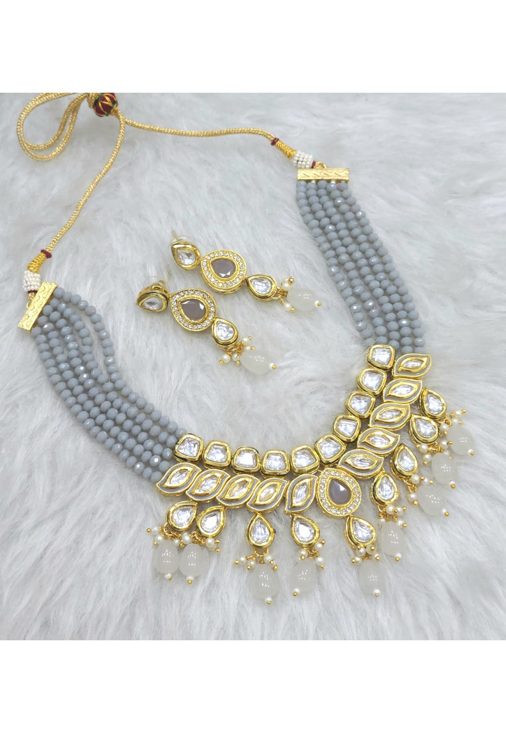 Grey Alloy Necklace With Earrings 313535