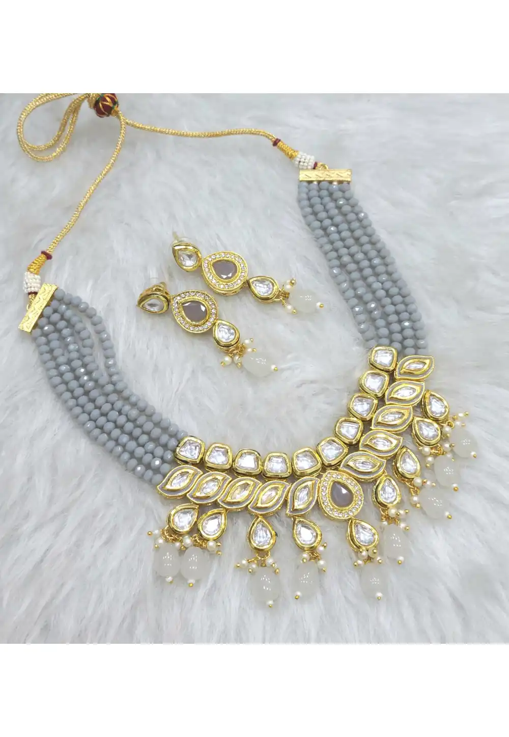 Grey Alloy Necklace With Earrings 313535