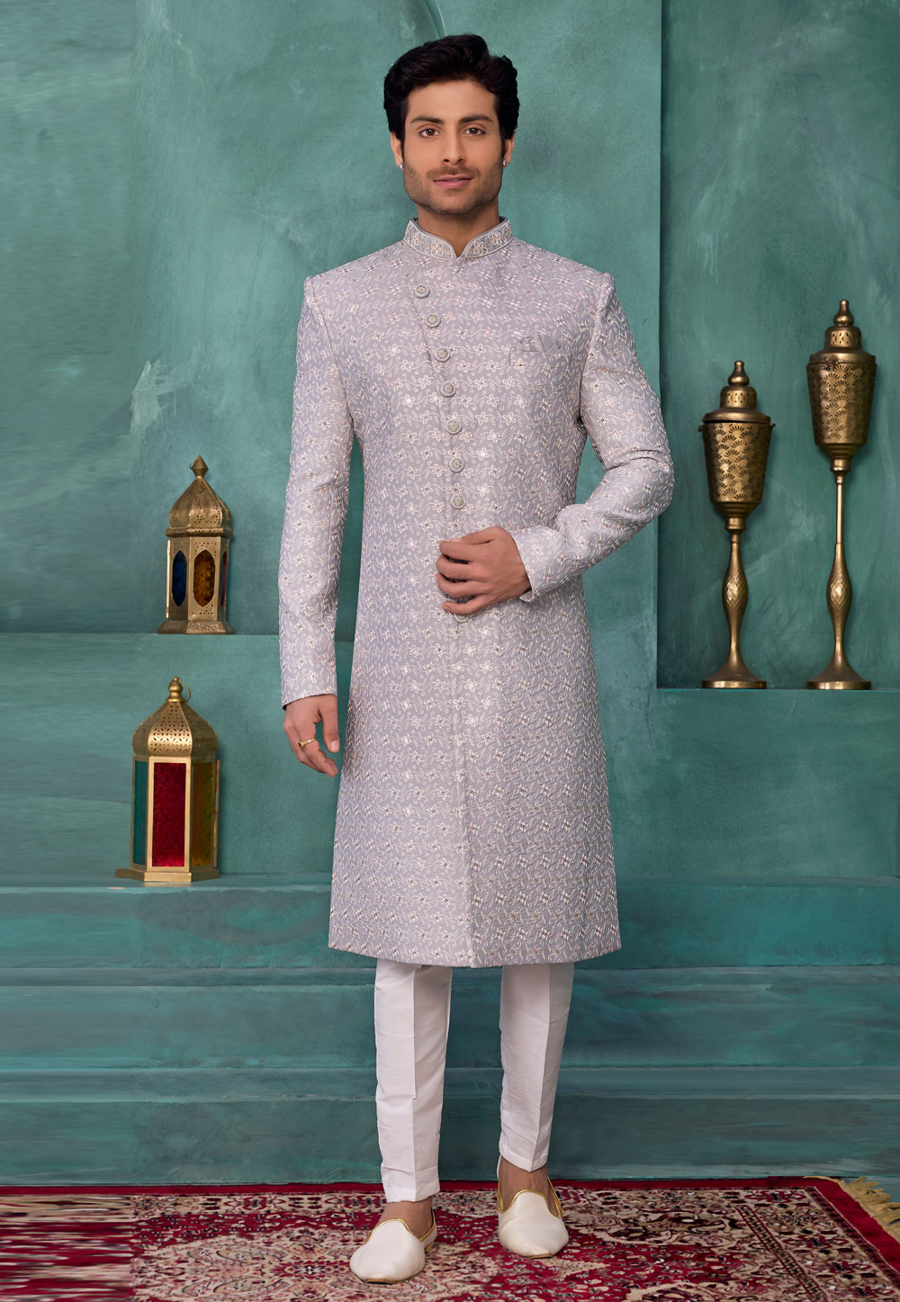 Grey Art Silk Achkan Style Sherwani 327051