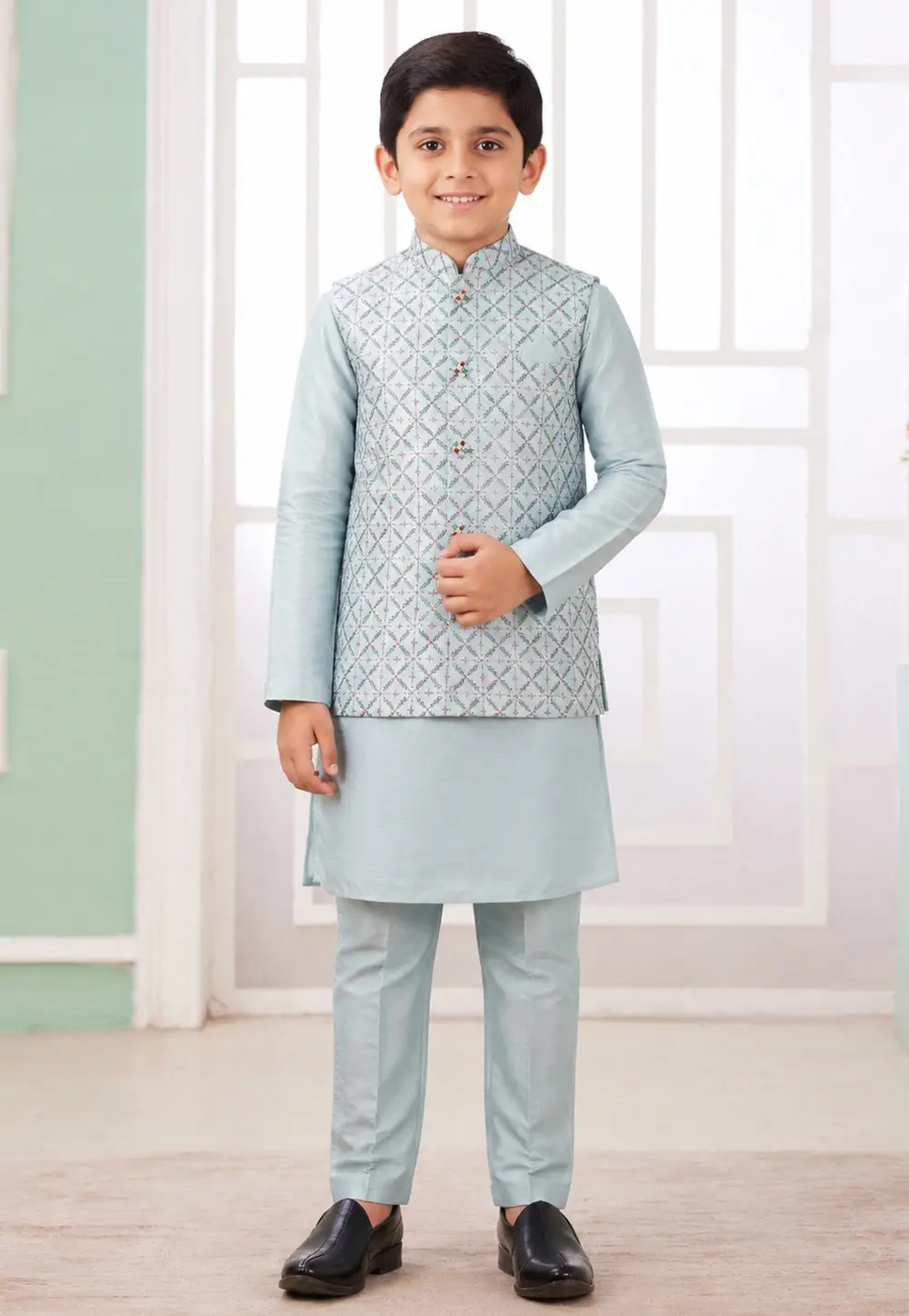 Grey Art Silk Boys Kurta Pajama With Jacket 335769