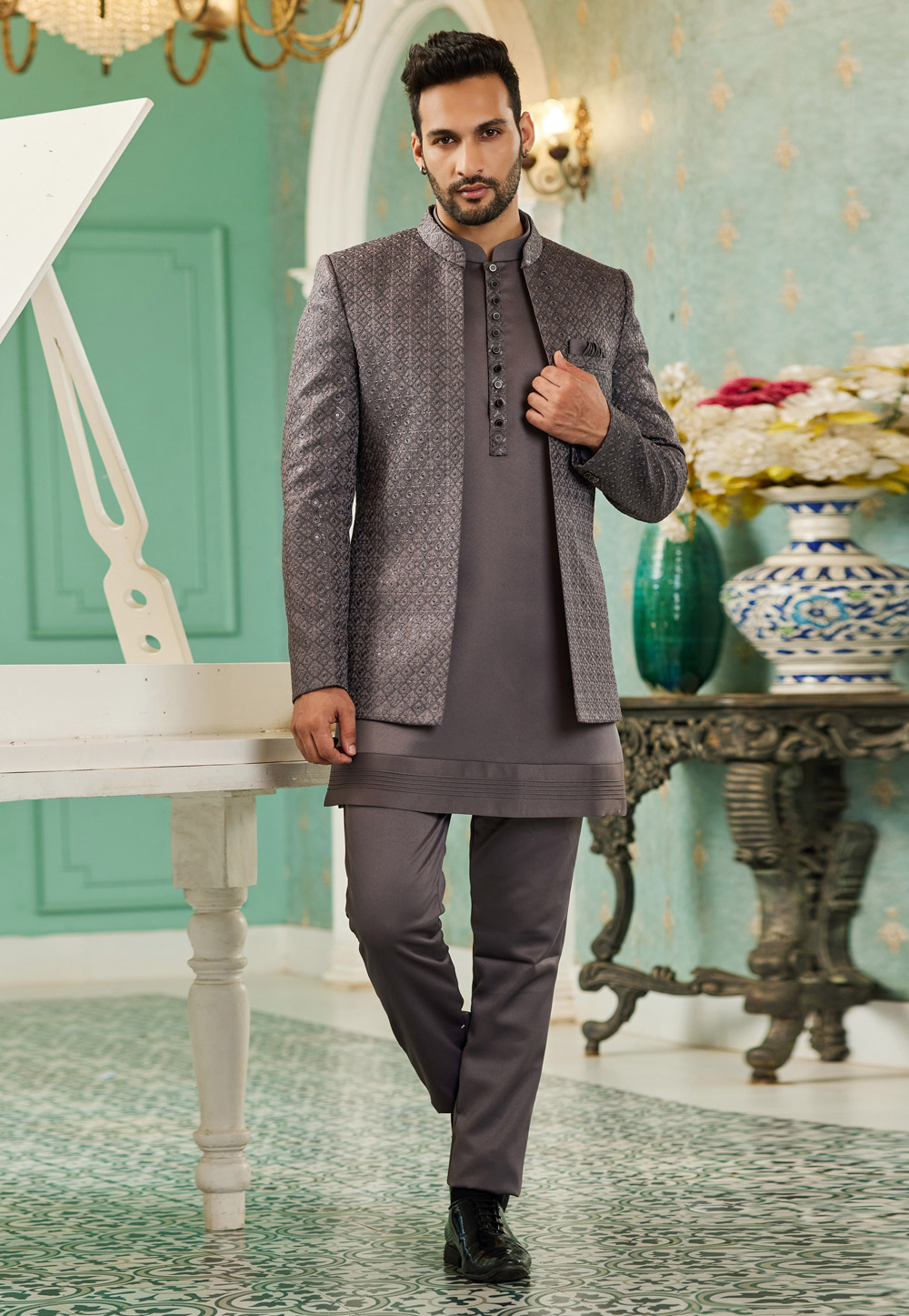 Grey Art Silk Indo Western Suit 278291