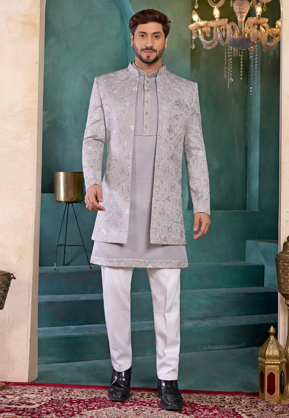 Grey Art Silk Indo Western Suit 335922