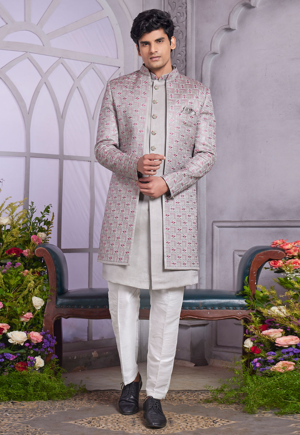 Grey Art Silk Jacket Style Sherwani 308592