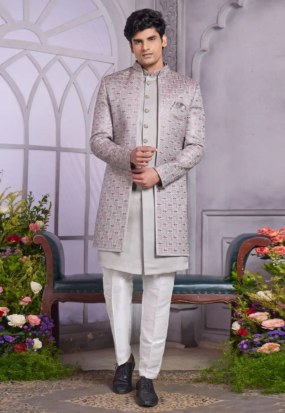 Grey Art Silk Jacket Style Sherwani 308592