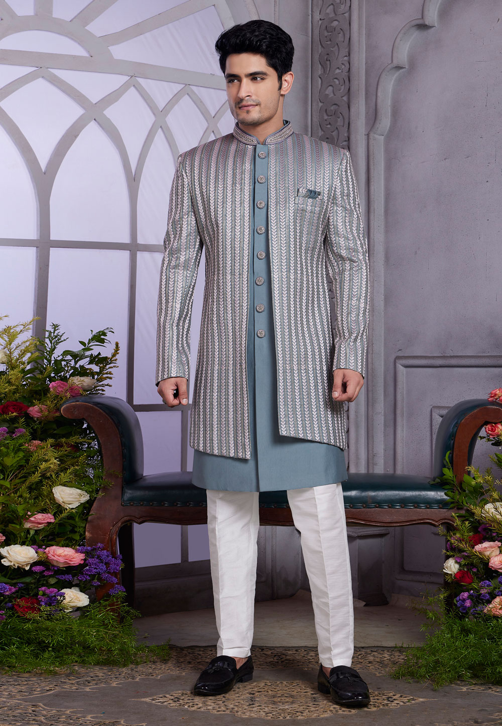 Grey Art Silk Jacket Style Sherwani 308595