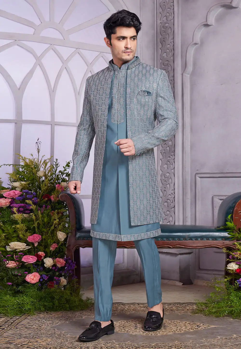 Grey Art Silk Jacket Style Sherwani 308598