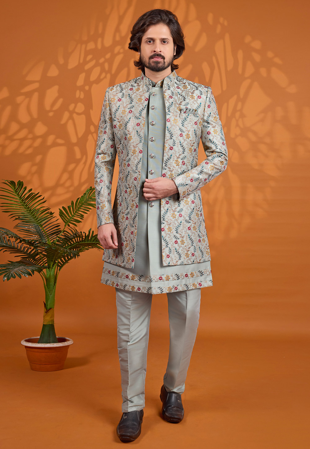 Grey Art Silk Jacket Style Sherwani 330239