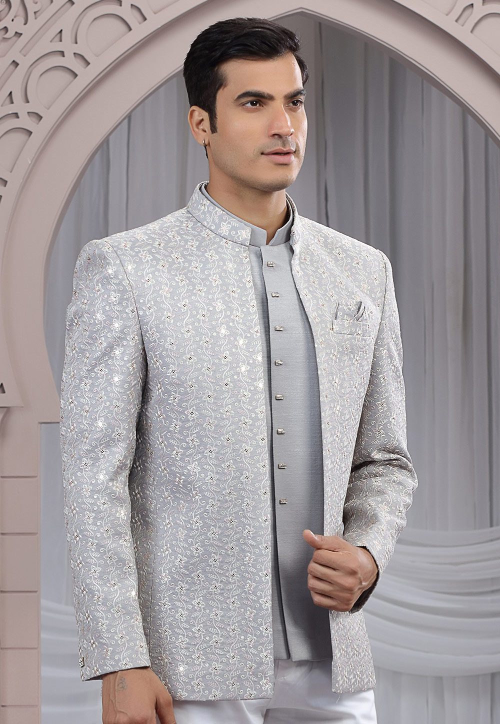 Grey Art Silk Jodhpuri Suit 319136