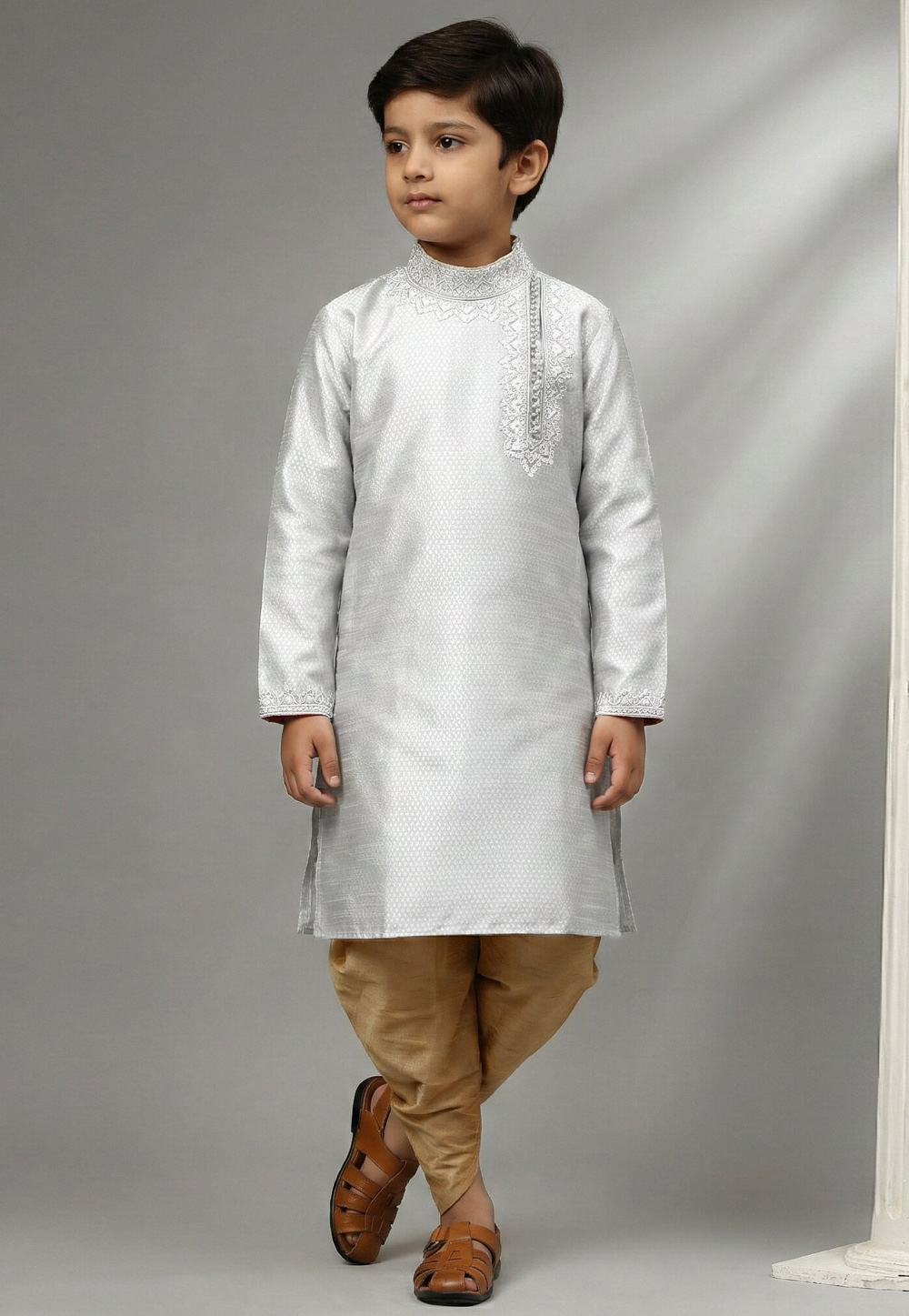Grey Art Silk Kids Dhoti Kurta 324574