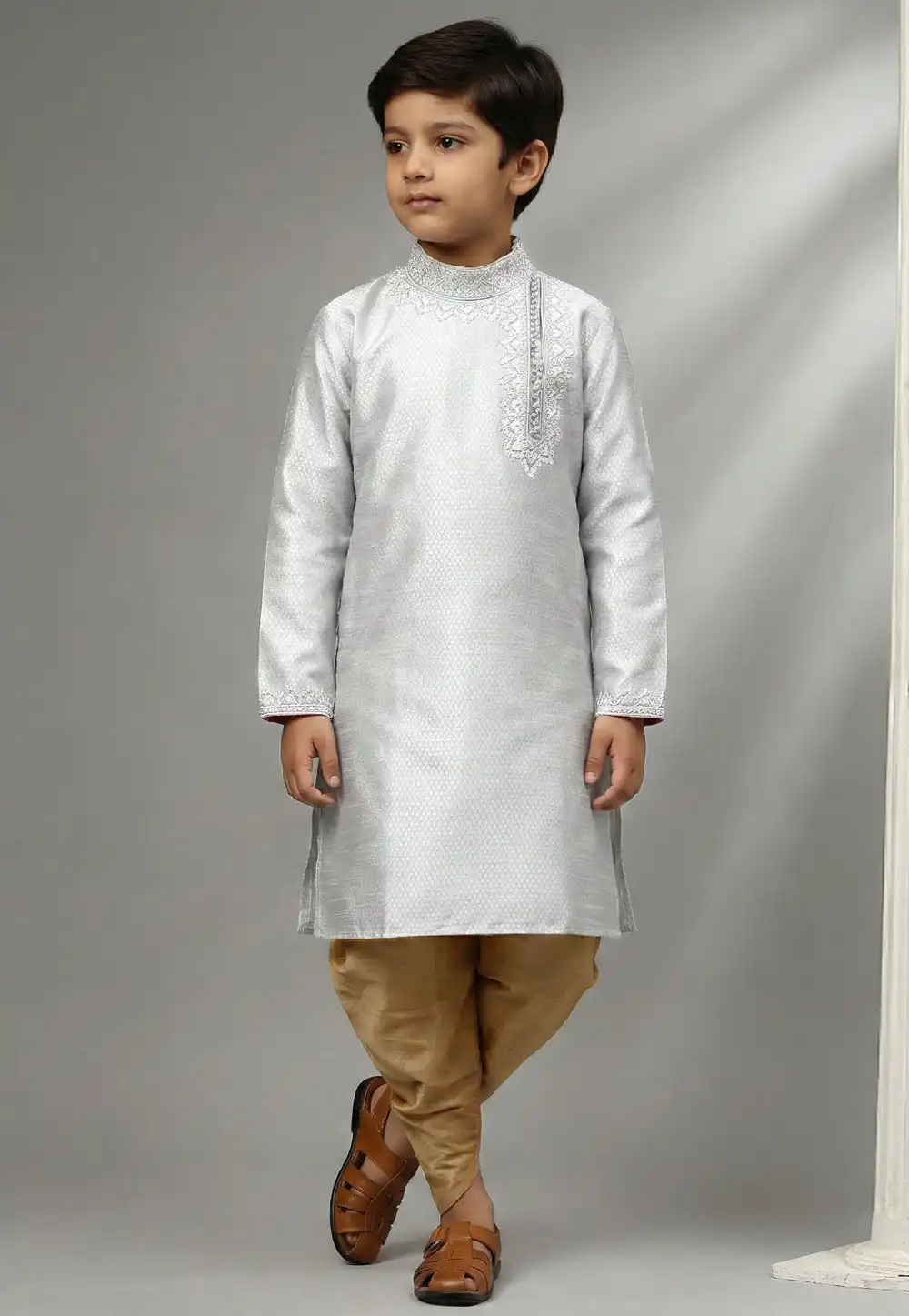 Grey Art Silk Kids Dhoti Kurta 324574