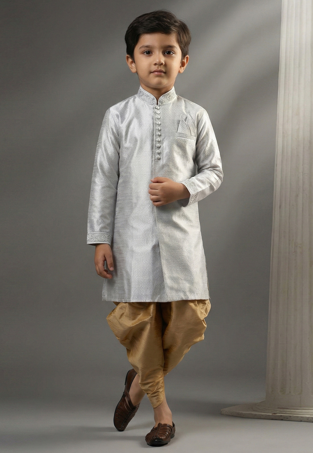 Grey Art Silk Kids Dhoti Kurta 324589
