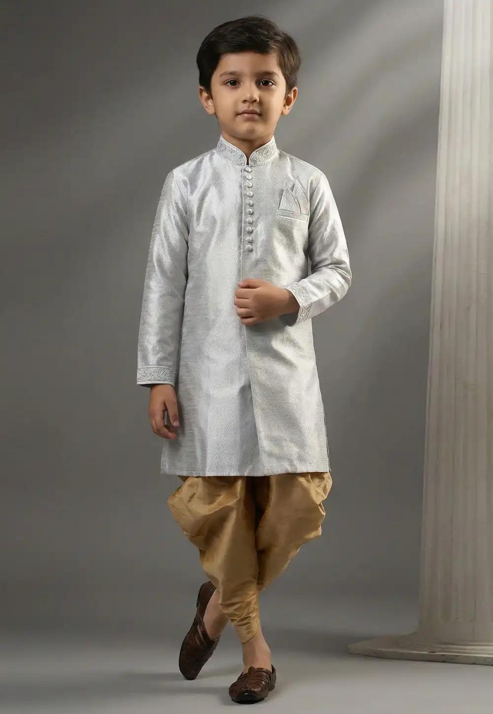 Grey Art Silk Kids Dhoti Kurta 324589