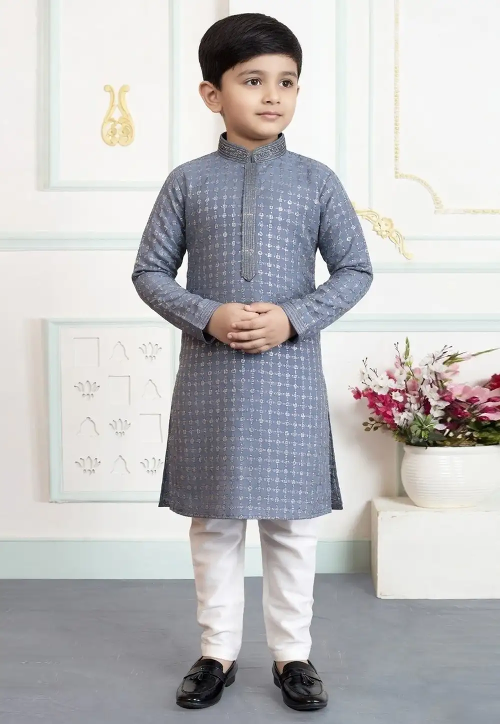 Grey Art Silk Kids Kurta Pajama 330789