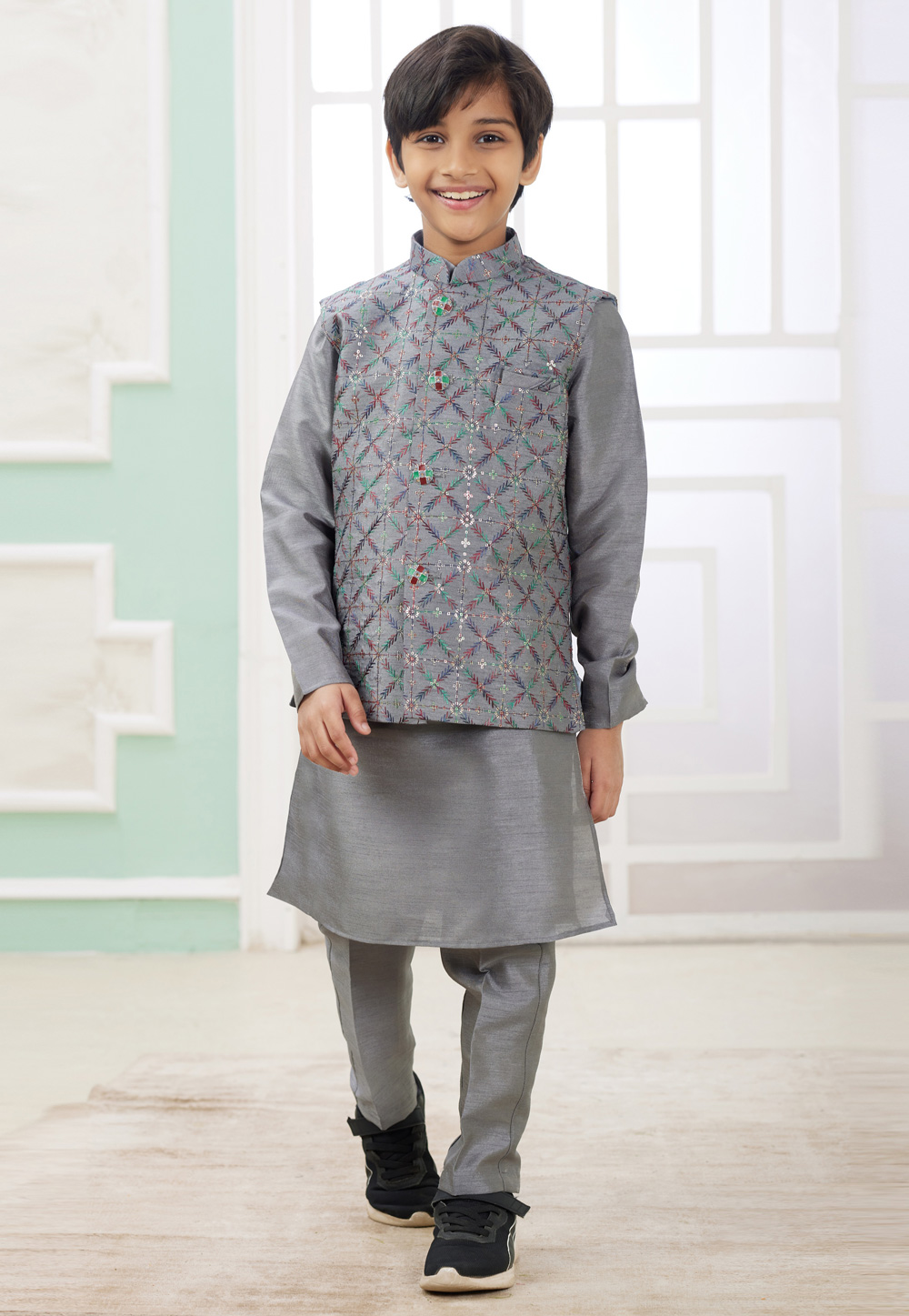 Grey Art Silk Kids Kurta Pajama With Jacket 308584