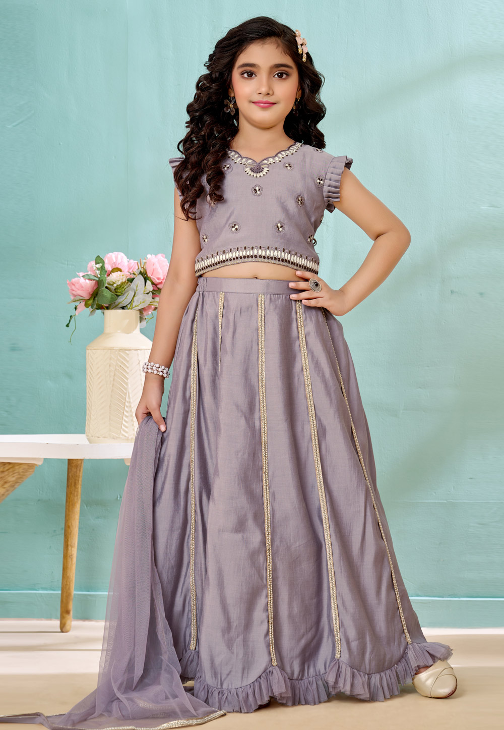 Grey Art Silk Kids Lehenga Choli 325184