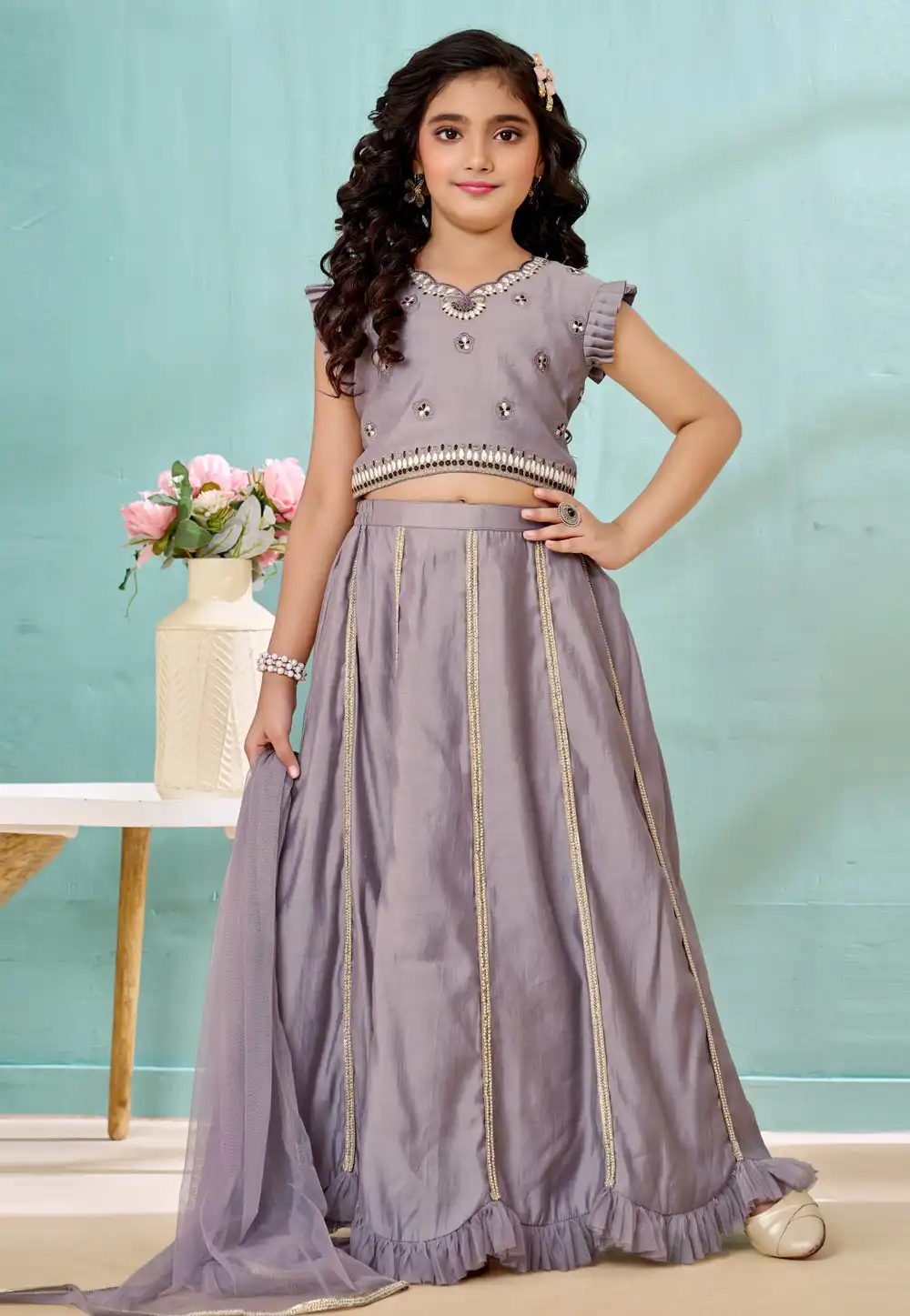 Grey Art Silk Kids Lehenga Choli 325184