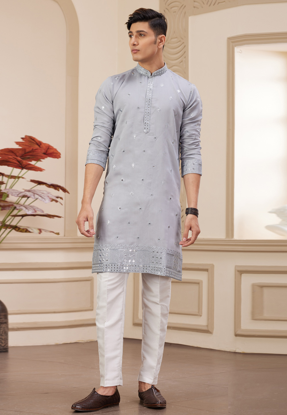 Grey Art Silk Kurta Pajama 308551