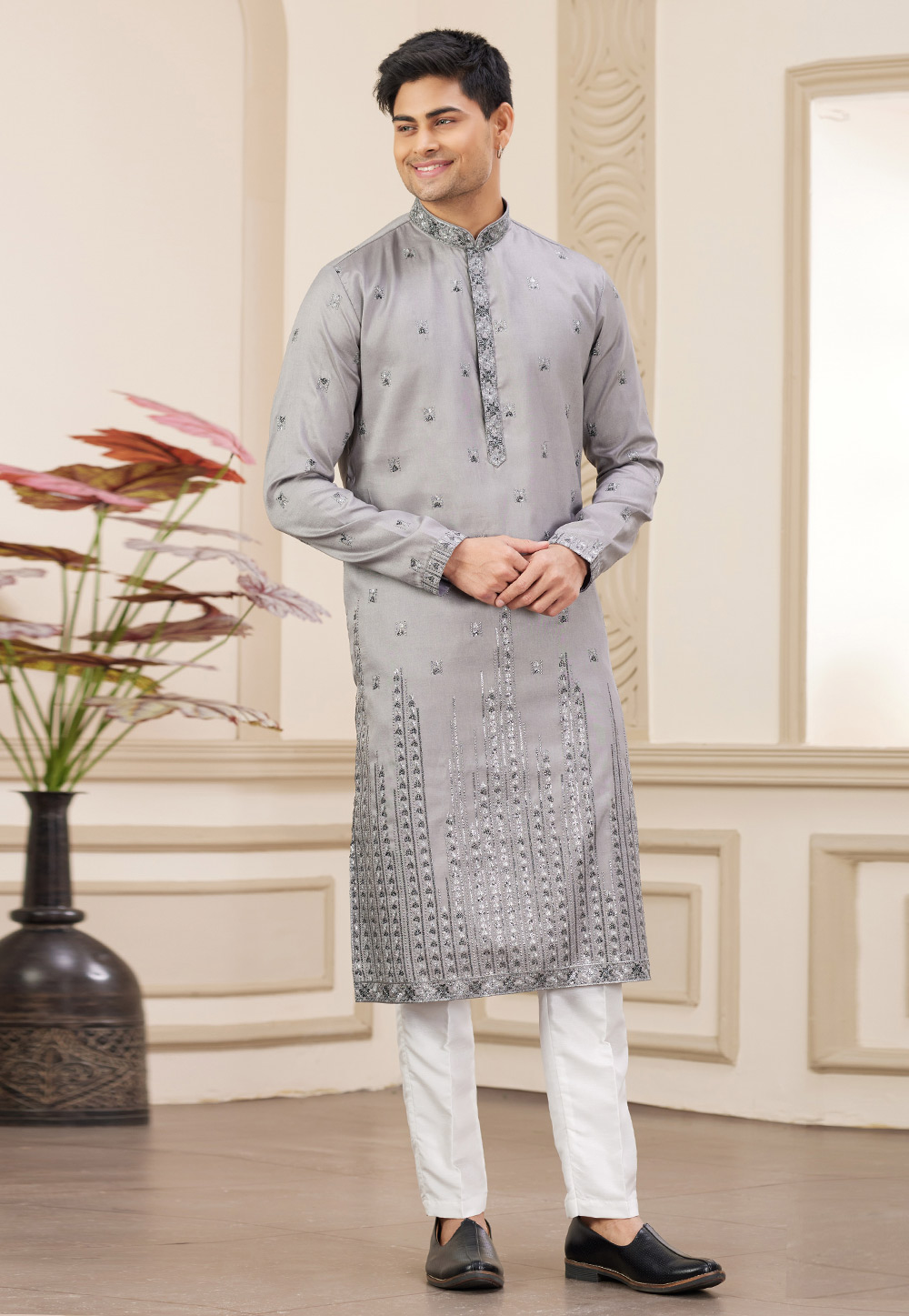 Grey Art Silk Kurta Pajama 308569