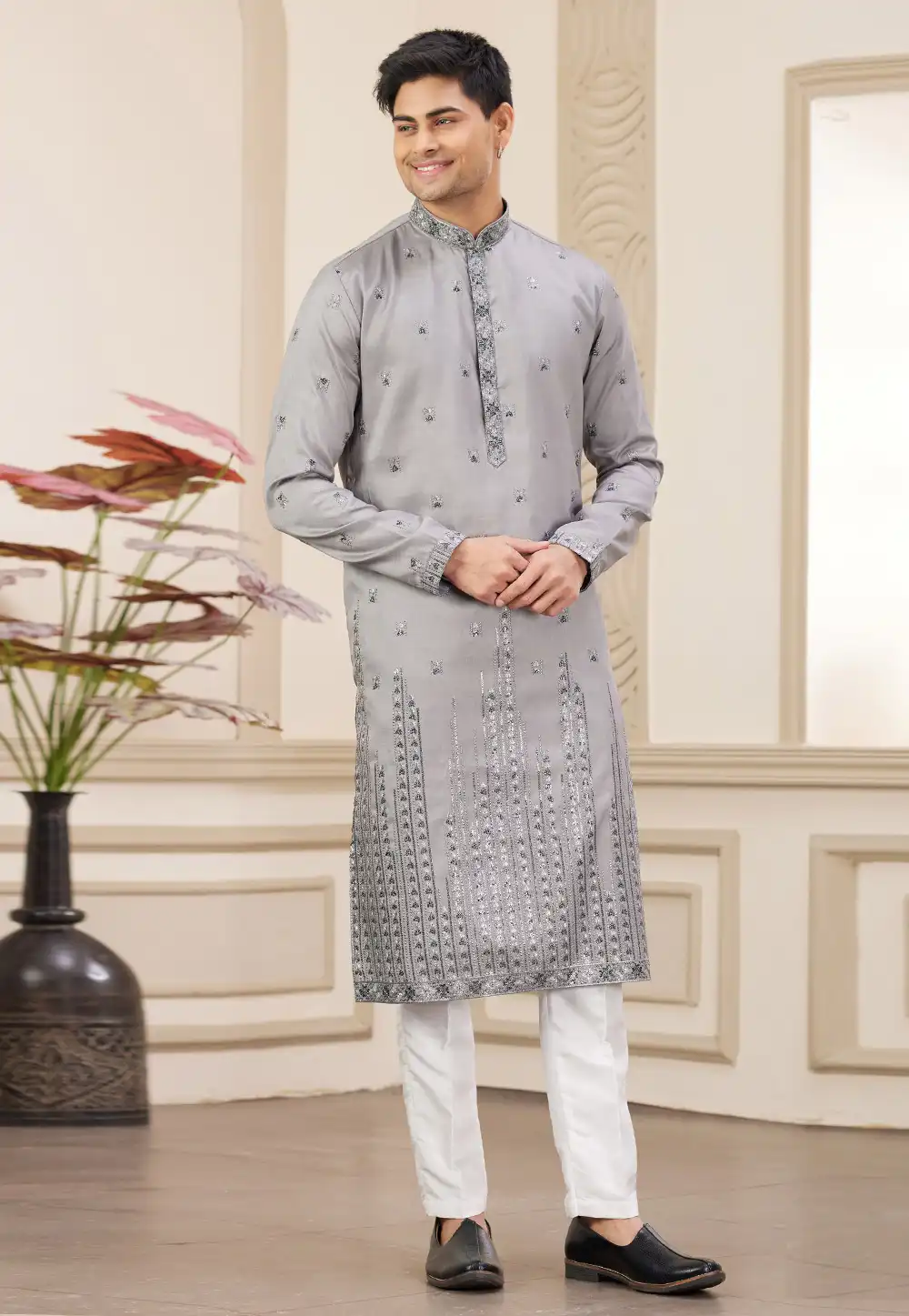 Grey Art Silk Kurta Pajama 308569