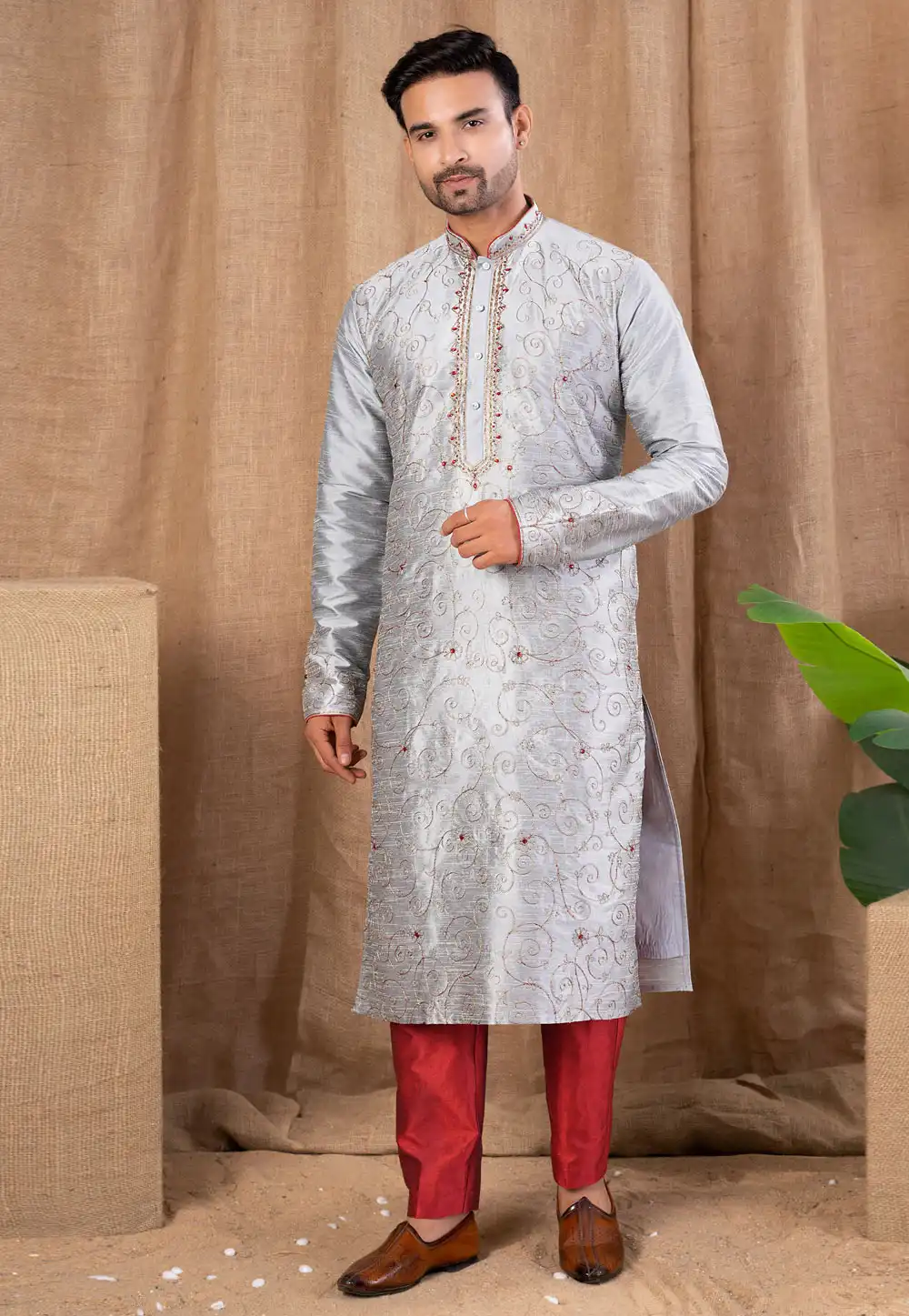 Grey Art Silk Kurta Pajama 316436