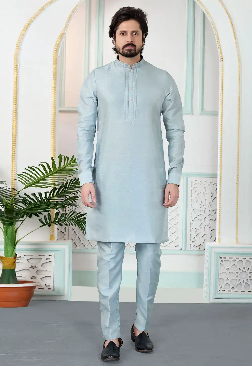 Grey Art Silk Kurta Pajama 323389