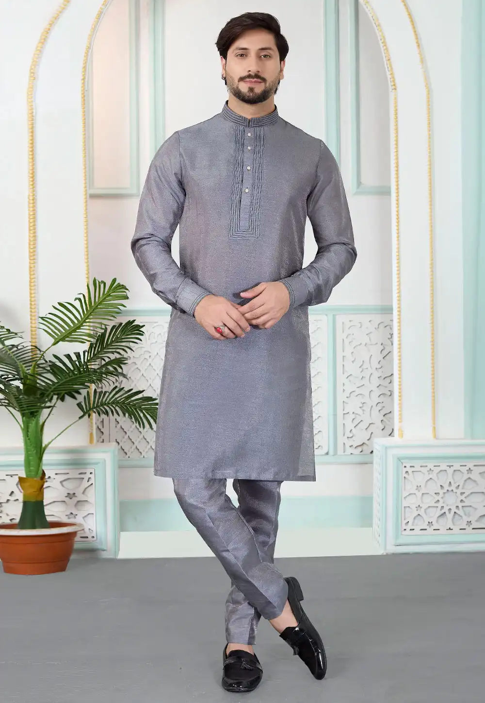 Grey Art Silk Kurta Pajama 323392