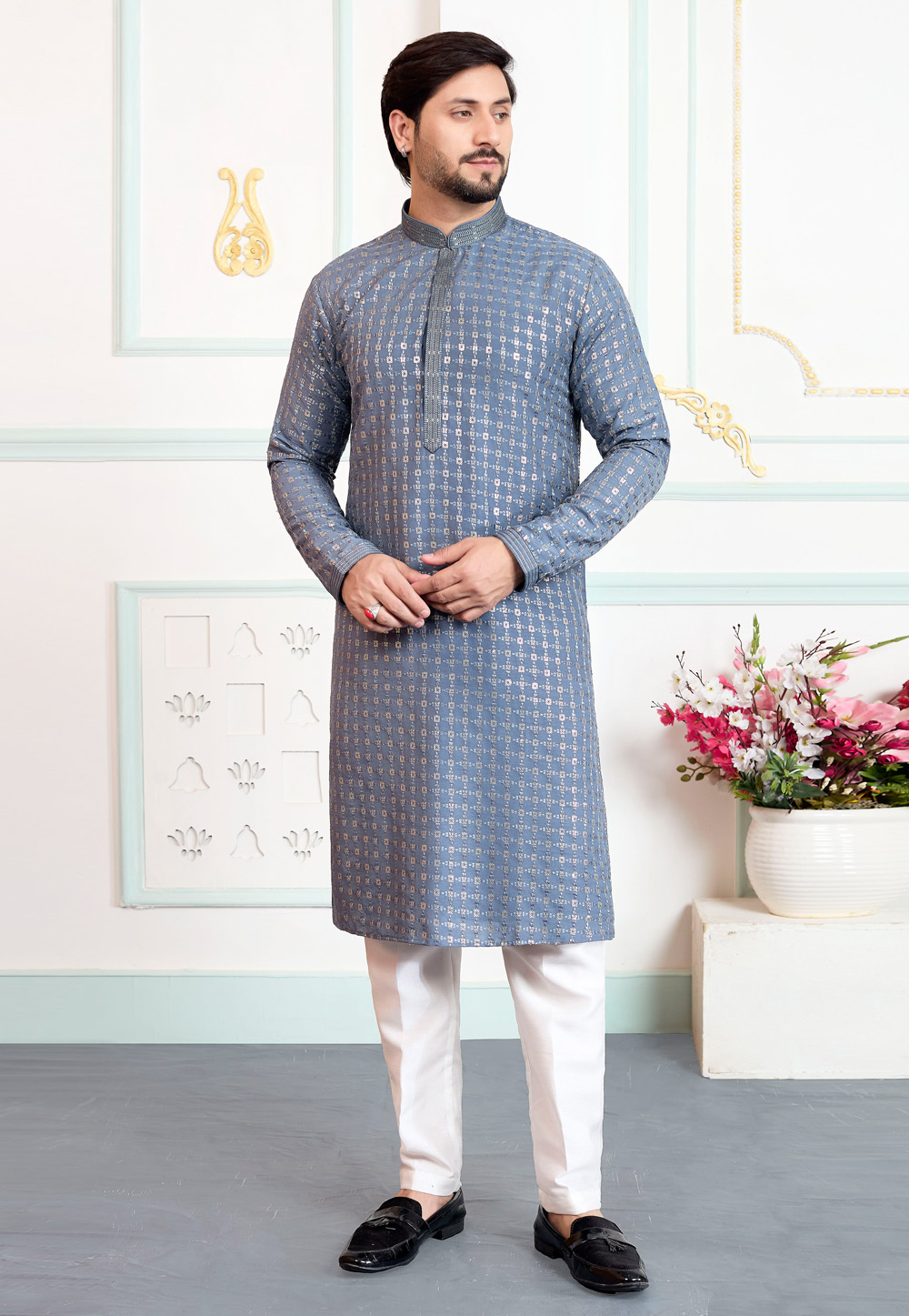Grey Art Silk Kurta Pajama 323404