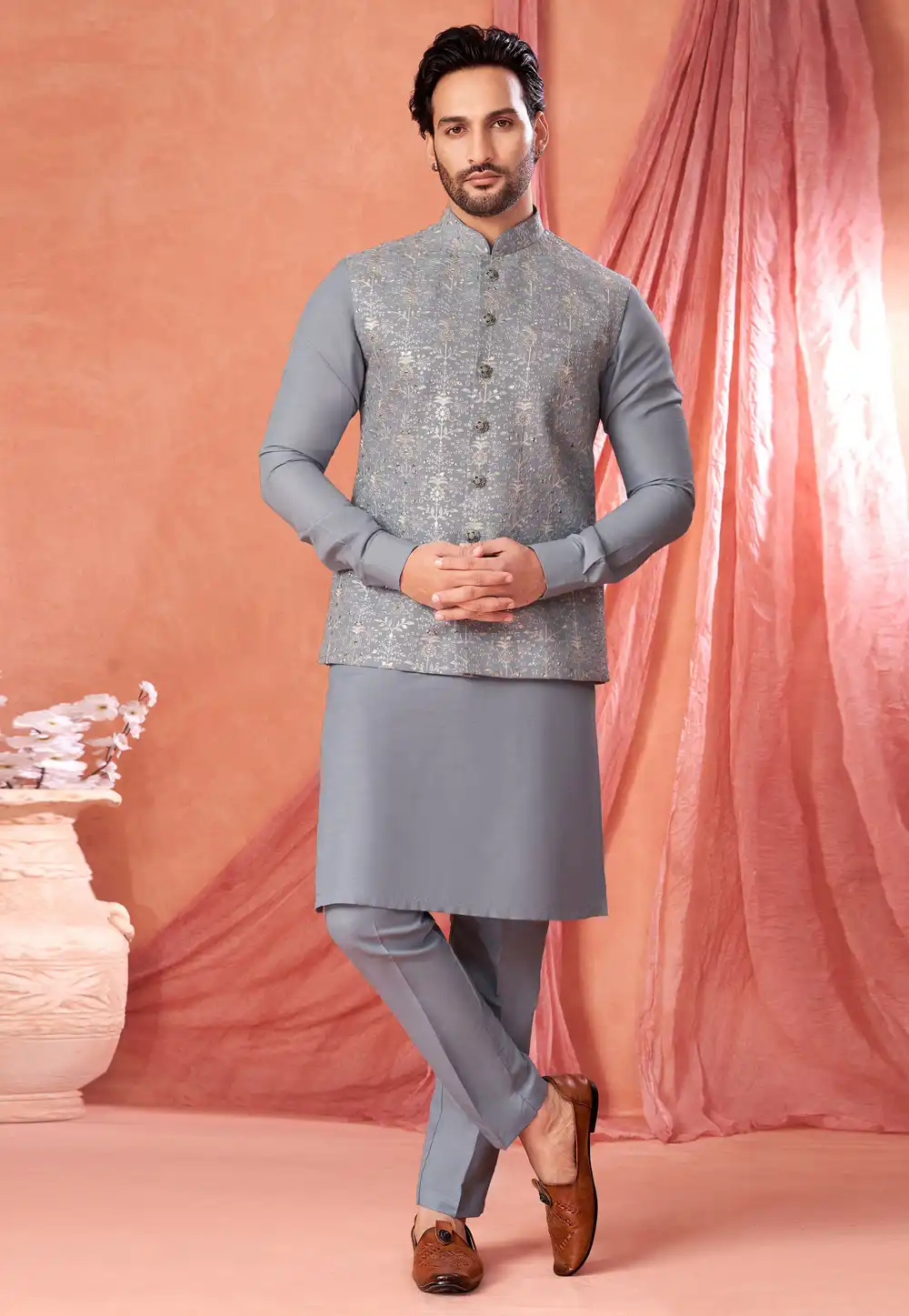 Grey Art Silk Kurta Pajama With Jacket 322297