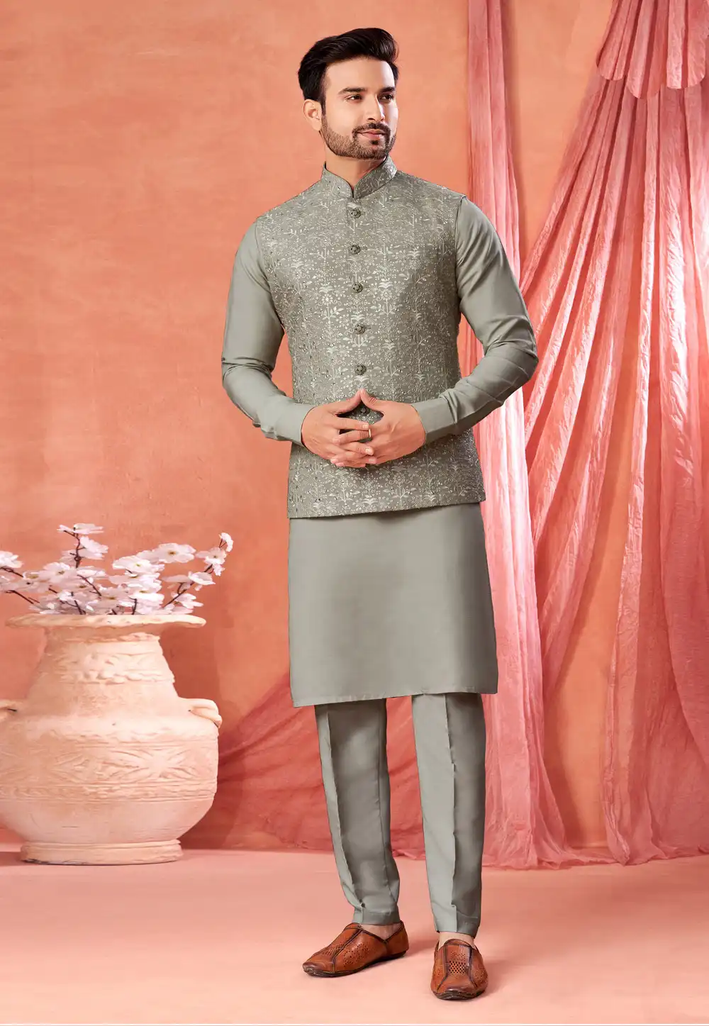 Grey Art Silk Kurta Pajama With Jacket 322298